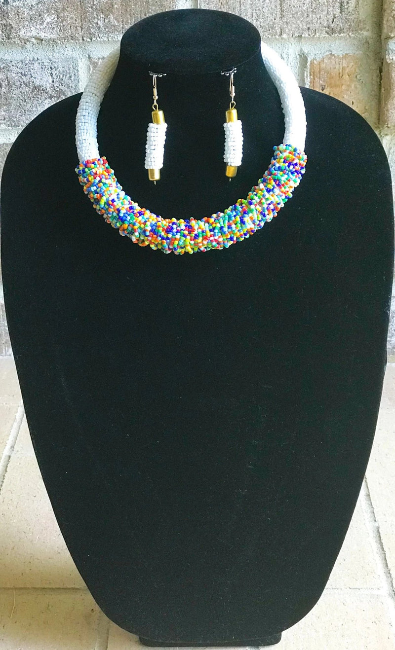 Large Maasai White Bead Necklace Set