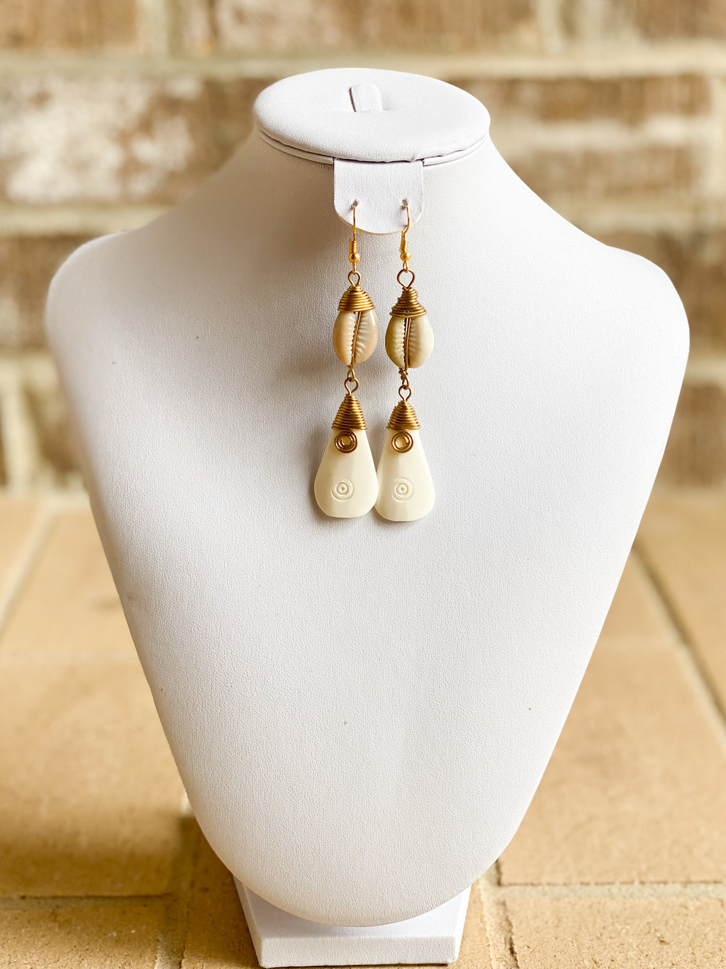 Ivory Colored Bone & Brass Cowrie Earrings